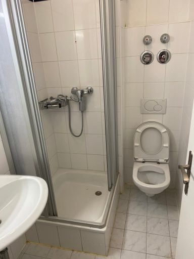 Blick ins Bad mit der Dusche mit Duschkabine, wandhängendes WC und links das Waschbecken. Nicht im Bild der Heizkörper links neben der Tür.